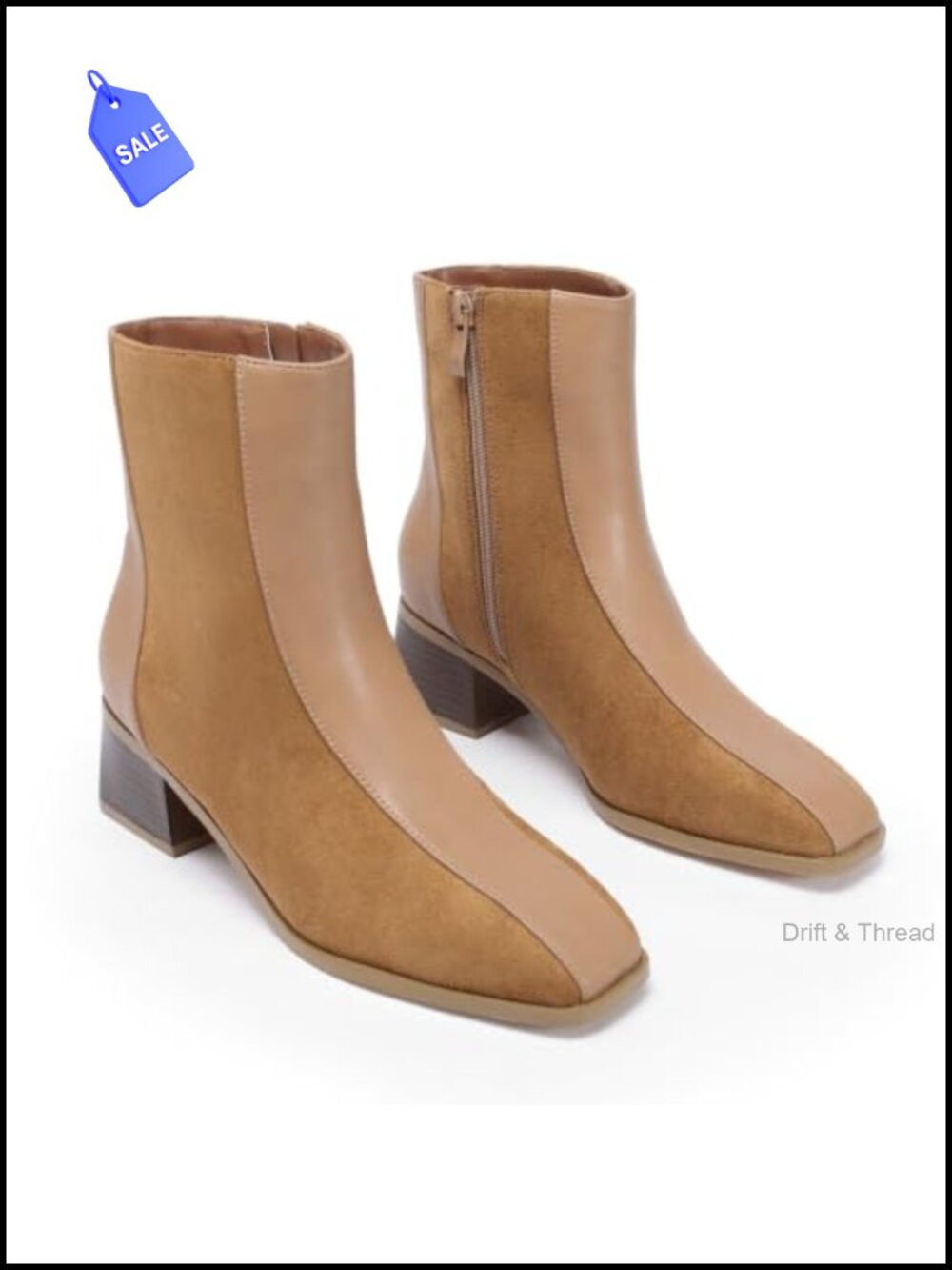 Women's Square Toe Ankle Boots Chunky Heel Side Zipper Patchwork Suede PU Slip